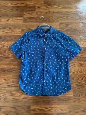 Nautica Stretch Men's Large Blue Anchor Print Short Sleeve Button Front Shirt